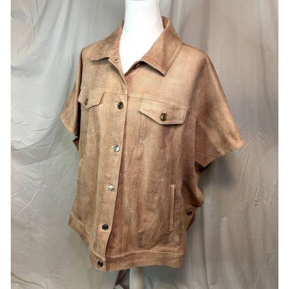 Chicos Womens Trucker Cape Oversized Ruena Desert Tan Faux Suede Reptile Print - Picture 2 of 10